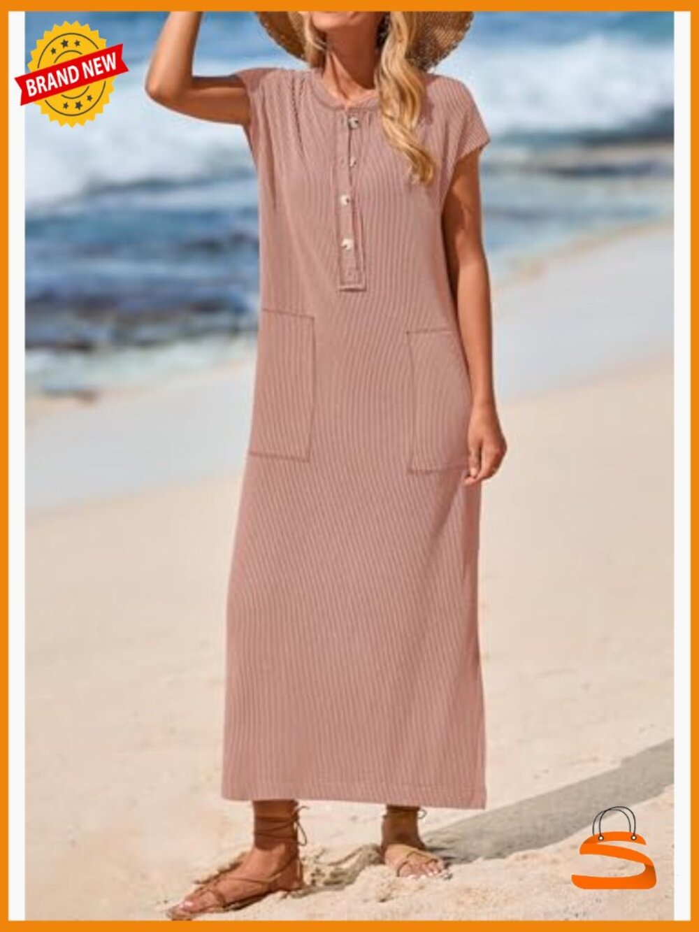 Ribbed Knit Henley Maxi Dress with Pockets Summer Dress - Picture 6 of 7